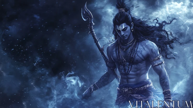 Stormlit cosmic warrior strides through swirling blue mist.