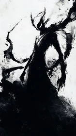 Shadow wraith rises through swirling monochrome ink storm.