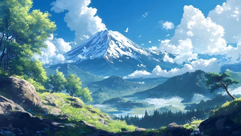 Sunlit alpine valley below towering snowcapped mountain peak.