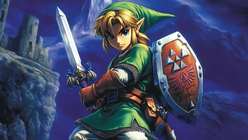 Anime swordsman with shield before stormy fantasy cliffs.