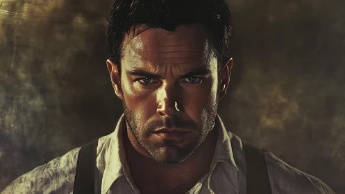 Cinematic low-key portrait of stern man in suspenders, vignetting