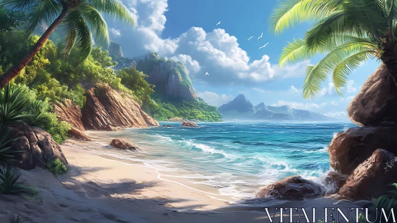 Coastal landscape with sand beach, rock formations, palm trees.