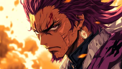 Battle-hardened warrior glares amid blazing golden embers.