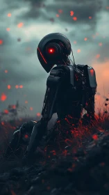 Backlit combat drone kneels in red bioluminescent field at dusk