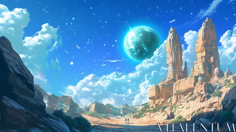 Celestial desert buttes under luminous blue planet sky.