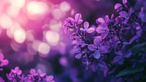 Purple lilac flowers in soft focus with warm bokeh background.