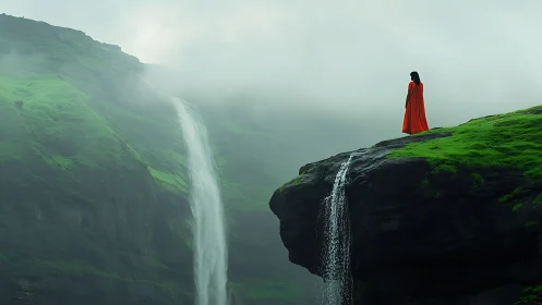 Solitary figure on cliff edge overlooking dual waterfalls