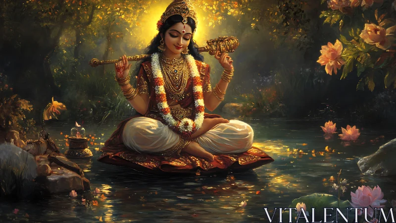 Divine figure meditating in lotus pond with volumetric backlight