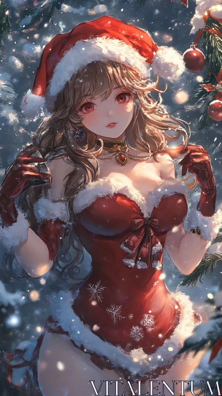 Female character in red Santa outfit in snowy forest.