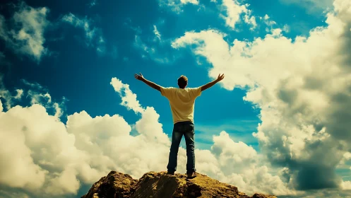 Exultant figure on sunlit peak beneath dramatic sky.