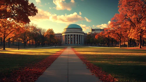 Symmetrical neoclassical dome framed by autumn foliage at sunset
