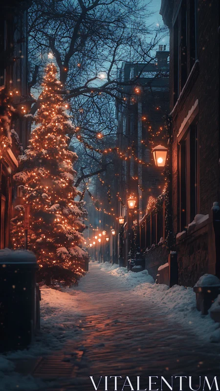 Snow covered urban alley with illuminated winter tree.