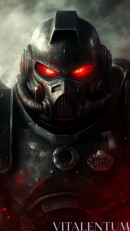 Armored cyber soldier stares ahead with glowing red eyes.