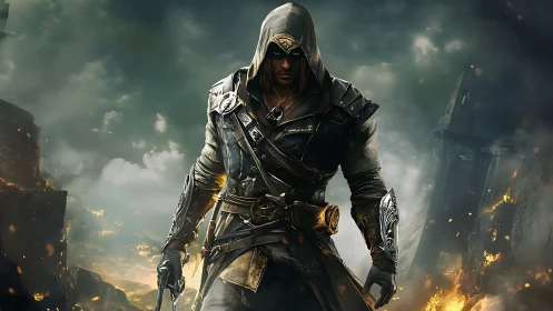 Stormforged rogue walks through embers of a fallen citadel.