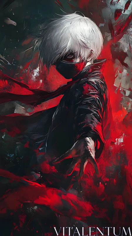 Masked white‑haired warrior commands crimson chaos in darkness