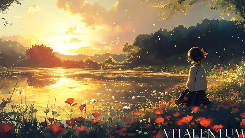 Sunset daydreamer beside a lantern-bright river of gold.