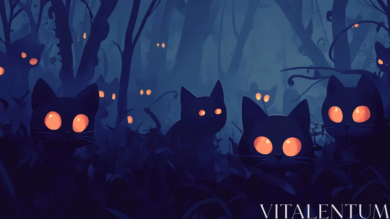 Multiple cat silhouettes with glowing eyes in dense forest.