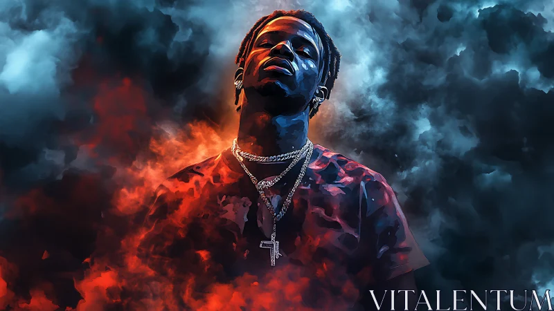 Neon-lit hip-hop portrait in fiery blue atmospheric clouds.