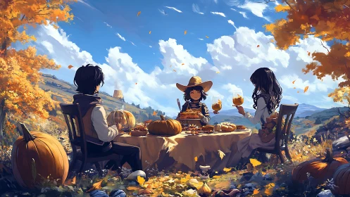 Children share a cozy autumn picnic amid golden hillside fields