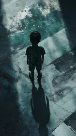 Child silhouette stands in harsh light on textured ground