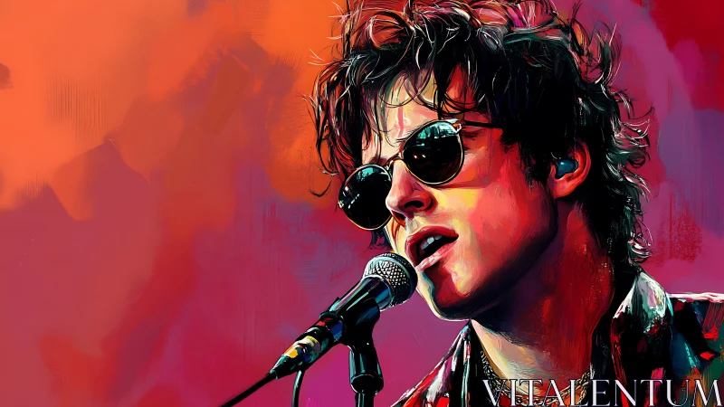 Neon crooner in mirrored shades serenades the sunset stage.