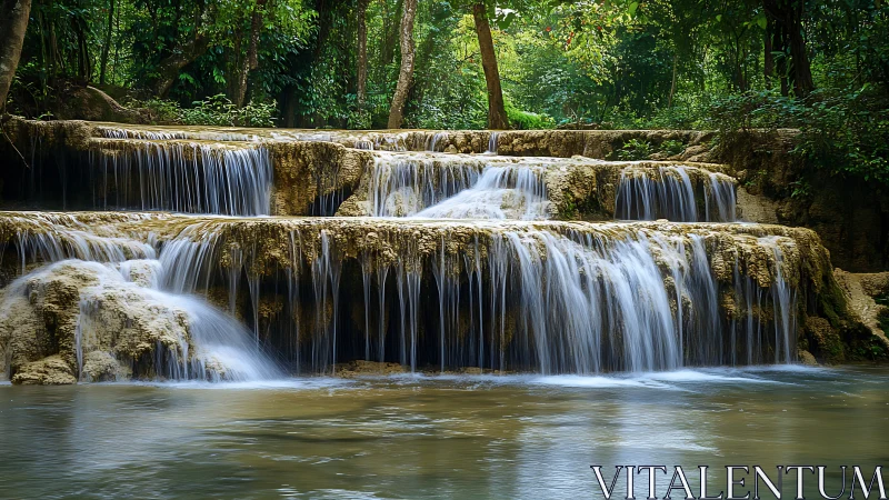 Terraced forest waterfall spilling into a tranquil pool.