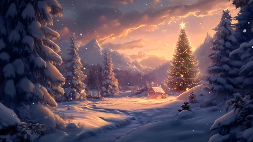 Glowing Christmas tree warms a tranquil snowy mountain valley