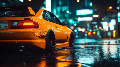 Yellow tuner car glows against neon city rain reflections.