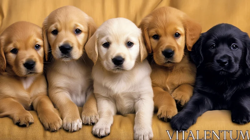 Symmetrical lineup of mixed-color puppies under soft frontal lighting