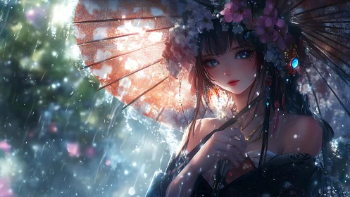 Rain-bright blossoms crown the silent watcher beneath light