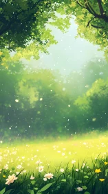 Sunlit Forest Meadow With Blooming Wildflowers