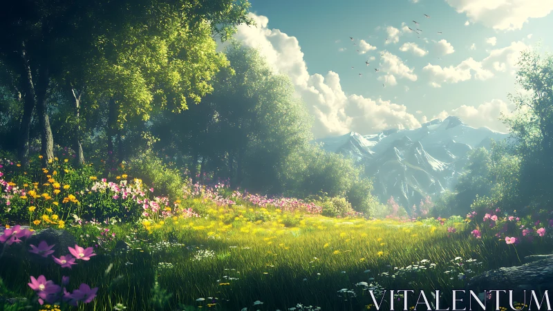 Sunlit alpine meadow with wildflowers and distant peaks.