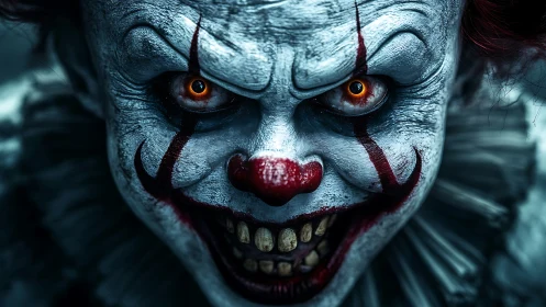 Terrifying evil clown portrait shows intense glowing stare