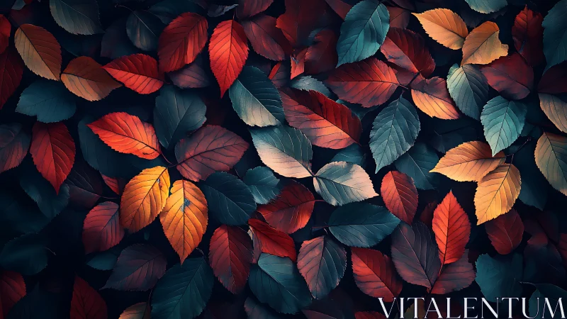 High-contrast autumn foliage pattern with cinematic color grading