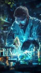 Neon-lit scientist conducts glowing alchemical experiment in lab.