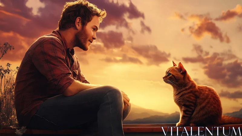 Man and orange cat share quiet sunset moment on rooftop