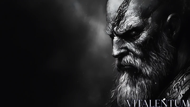 Digital painting portrait of scarred warrior in harsh chiaroscuro.