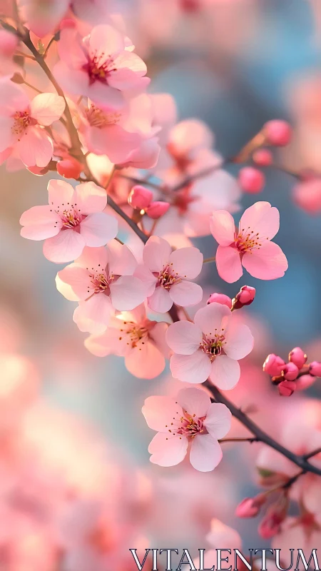 Delicate Pink Blossoms on Branch in Soft Sunlight
