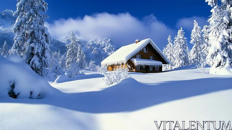 Snow-laden alpine cabin rendered in crisp photoreal clarity