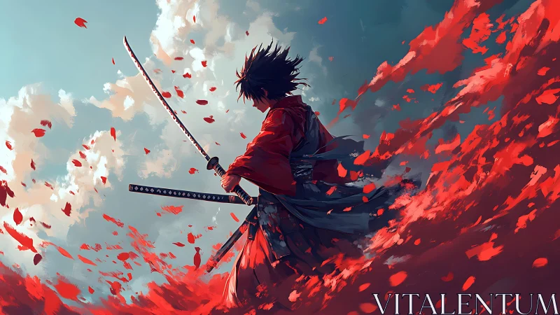 Samurai in turbulent crimson petals, dynamic motion study.