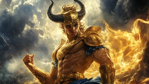 Horned fire warrior stands defiant in stormlit heavens