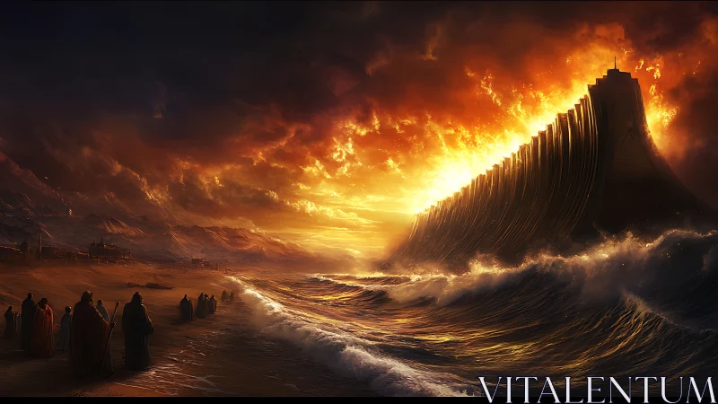 Ocean wall erupts under burning sky as robed pilgrims watch.