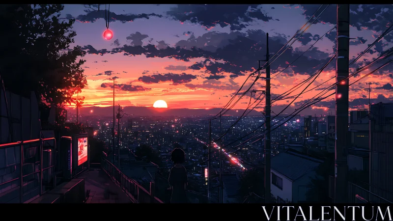 City sunset street glows with neon reflections and wires.