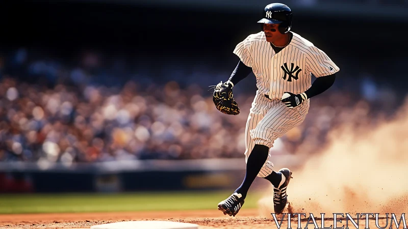 Baseball player sprints from base, kicking dust on infield