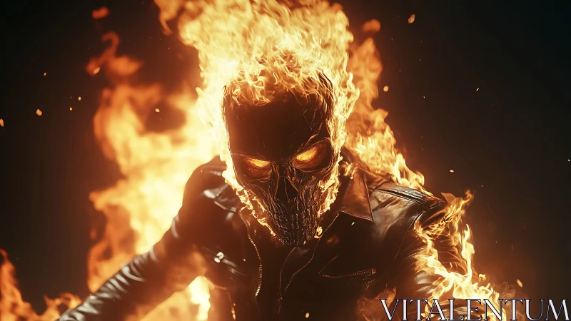 Flaming skull rider in leather jacket against dark background.