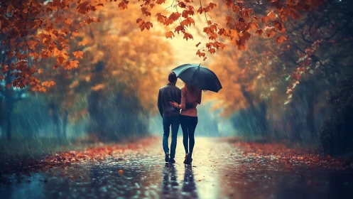 Two figures sheltered under black umbrella within autumn canopy with rain