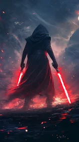 Hooded warrior ignites twin red blades on molten shore.