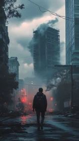 Lone figure advances through smoked-out cyber-urban ruin