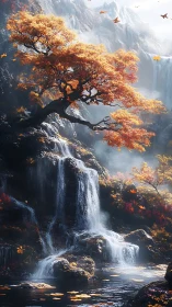 Autumn maple crowns a misted tiered waterfall in soft focus