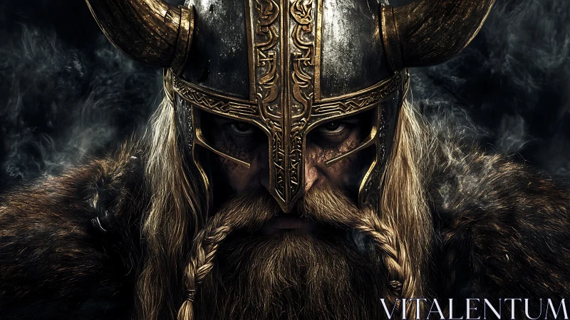 Cinematic close-up captures horned Viking warrior in ornate helm